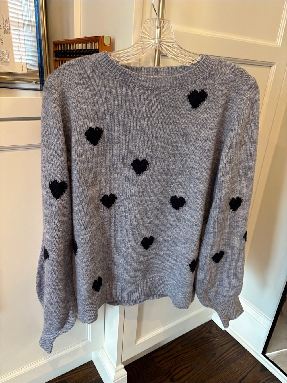 Sugarhill Women's Light Gray Crewneck Sweater with Black Heart Motif